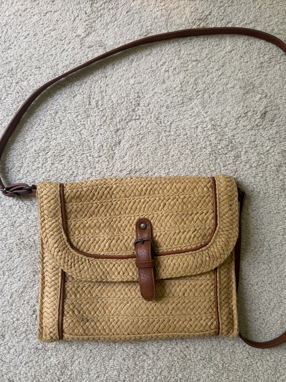 Woven Straw Crossbody Bag with Brown Leather Trim